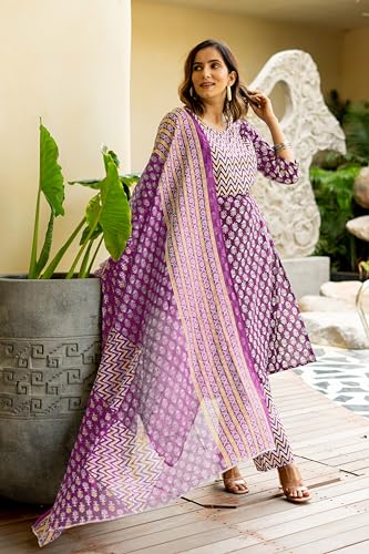 Image of MIRCHI FASHION Women's Straight Fit Pure Cotton Embellished Floral Printed Kurta Set with Dupatta and Trouser
