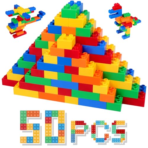 HIUME Blocs de Construction – 50 Pièces – Compatible avec Duplo – Briques en ABS Sécurisées – Jouet Éducatif Enfant 3 4 5 6 Ans – Créativité et Apprentissage – Multicolore 2x2 & 2x4.