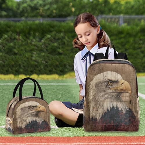 MCHIVER Wooden Brown Hawk School Backpacks for Boys & Girls Light Weight Bookbag set with Lunch Box Rucksacks for Nursery Travel 2 Pcs 16.5 Inch3