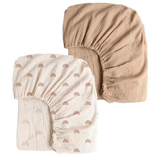 Image of Konssy Muslin Crib Sheets for Girl Boy, 2 PCS Soft and Breathable Cotton Baby Sheets for Standard Crib Mattress, 52"x 28" (Camel, Rainbow)