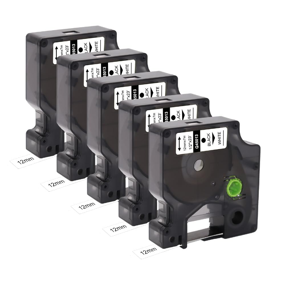 Lot de 5 bandes de rechange Dymo D1 45013 12 mm x 7 m ruban adhésif noir sur blanc