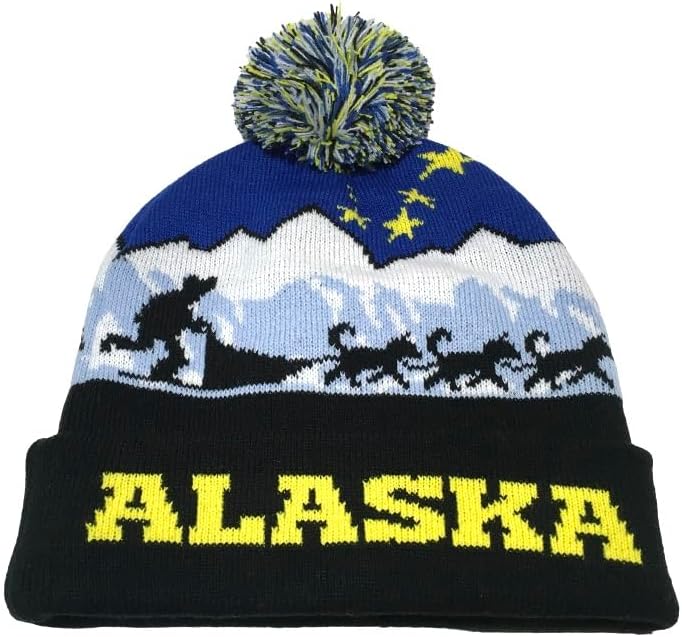 Generic Alaska Beanie Knit Hat Big Dipper Husky Sled Dogs Dogteam Mushing Blue Gold Black Pom Pom, 5 7/8
