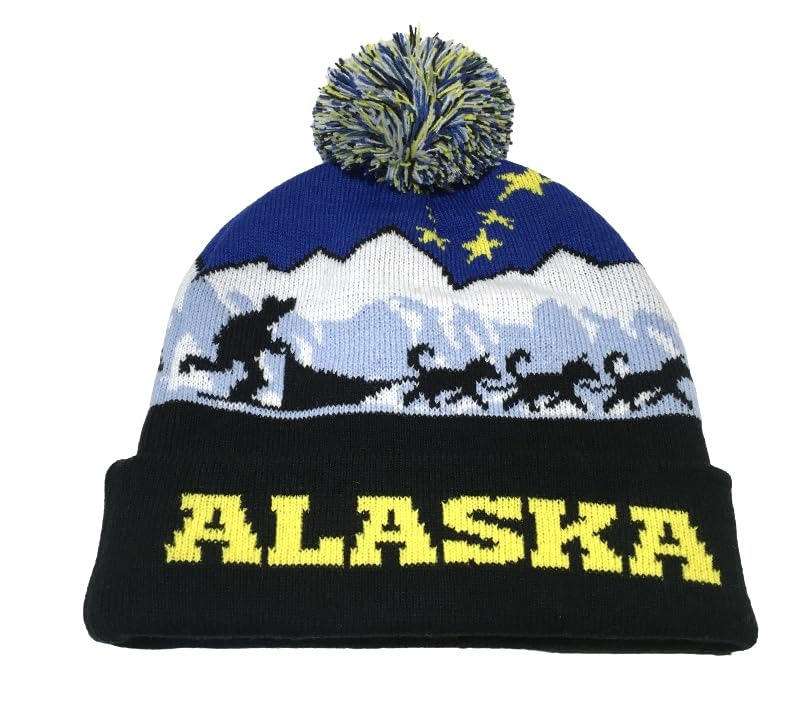 GenericAlaska Beanie Knit Hat Big Dipper Husky Sled Dogs Dogteam Mushing Blue Gold Black Pom Pom