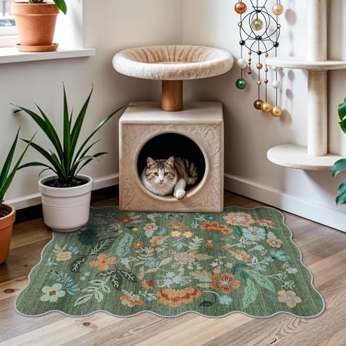 Washable Floral 2x3 Area Rug: Indoor Soft Scalloped Carpet for Entryway Kitchen Nursery Non-Slip Water Resistant Bathroom Laundry Floor Mat Low Pile Durable Door Mat(2x3 Floral/Green)