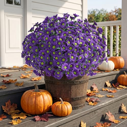 Image of HyeFlora Artificial Mums for Outdoors Fall Decor, 6 Bundles Fake Flowers UV Resistant Realistic Faux Flowers Bouquet Silk Flowers for Outside Planter Porch Patio Garden Yard Balcony Home, Purple