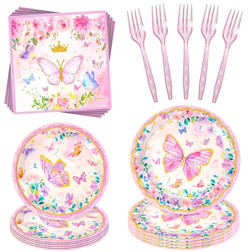 96 Pcs Butterfly Plates and Napkins Forks Set Pink Butterfly Party Decorations Supplies...