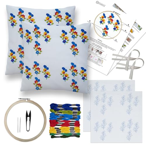 Image of Embroiderymaterial DIY Embroidery Cushion Cover Embroidery Kit for Beginners with Tulip Flower Design Cross Stitch Decorative Pillow Covers, Hand Embroidery Craft Kit for Home Decor (2PC, 16x16)