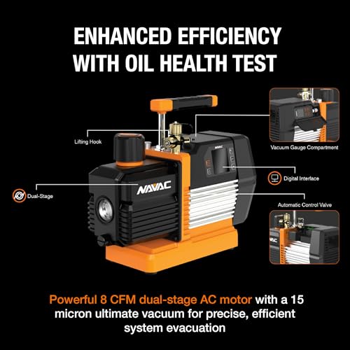 NAVAC Bomba de Vacío Smart NP8DSV - 8 CFM Doble Etapa Motor AC, 15 Micrones de Vacío, Test de Salud de Aceite con un Clic, Lecturas en Tiempo Real con Display Digital y Medidor NMV1S Bluetooth Incluido - 29 lbs miniatura 3