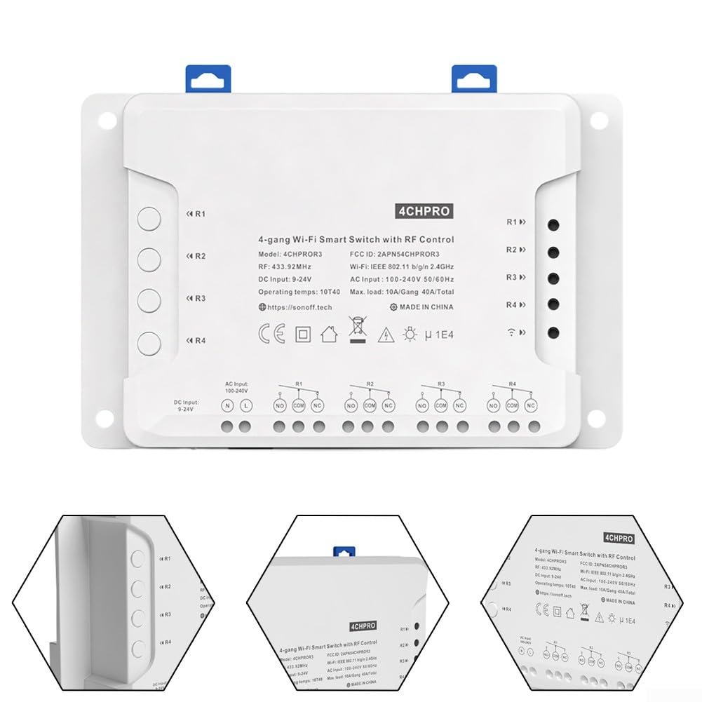 4CHPROR3 Commutateur intelligent WiFi sans fil, 4 Gang Pouces/Autoverrouillage/Interlock WiFi RF Télécommande Commutateur