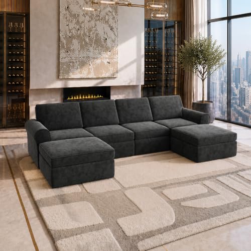 Image of Maywish 138'' Sectional Boneless Couch, 4 Seat U Shaped Cloud Sofa