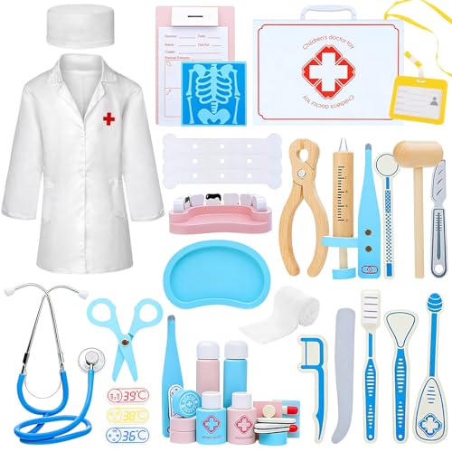 45 unidades de mala médica para crianças de madeira com estetoscópio, seringa, termómetro, brinquedo médico, bolsa para médico, dramatização, presente para crianças, mala de médico a partir dos 3 anos