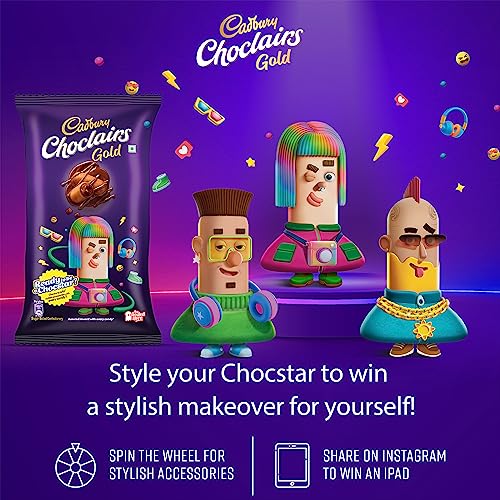 Image of Cadbury Choclairs Gold Candies Birthday Pack, 632.5 g + Cadbury Chocobakes Choc Filled Cookies, 75g - Pack of 10