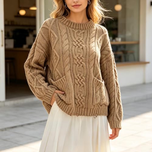 Cable Knit Sweater Women Oversized Crew Neck Long Sleeve Knit Pullover - image 2