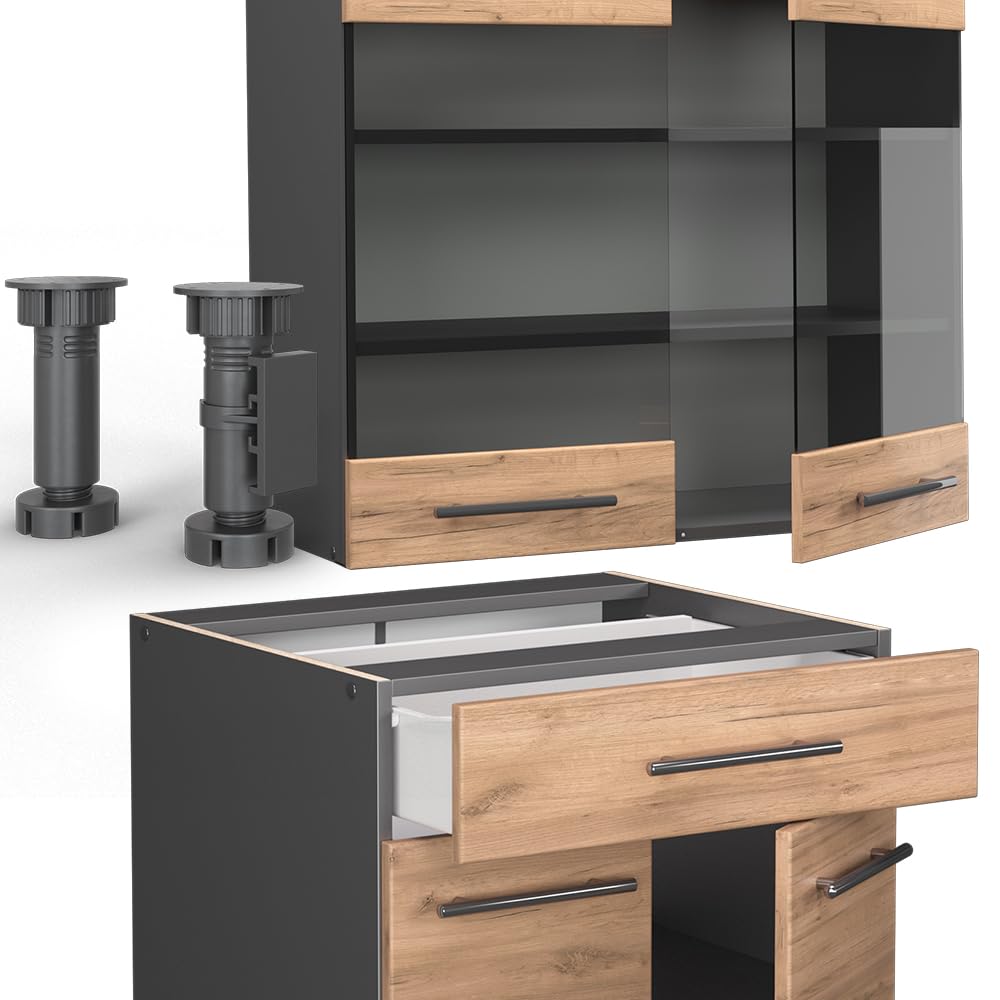 Vicco Singleküche Fame-Line, Goldkraft Eiche/Anthrazit, 140 cm, AP Eiche