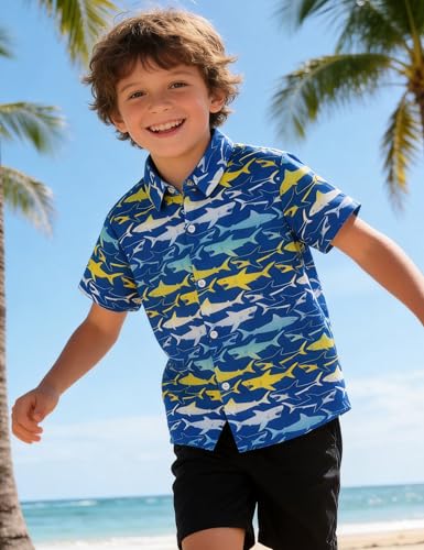 Image of Boys Hawaiian Shirt Kids Button Down Aloha Beach Hawaii Tops 5-14Y | Quick Dry, Breathable, Cooling & Lightweight, For Summer Vacation Holiday, Fourth of July, Youth, Teen, Shark, Dinosaur