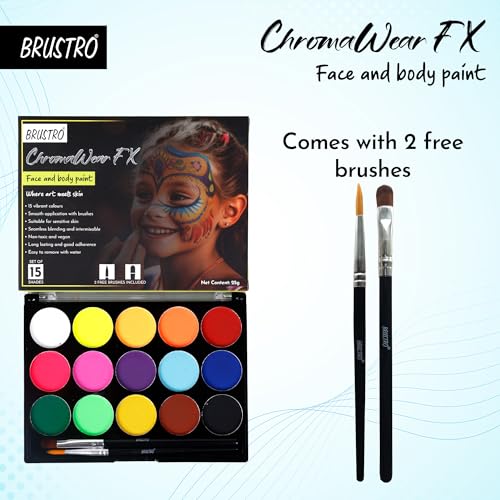 Image of Brustro ChromaWear FX Face & Body Paint| 25g,Set of 15 Vibrant Shades|Includes 2 Free Brushes,Skin-Safe,Non-Toxic,Vegan|Face Art,Cosplay,Festivals and Stage Play for Adult and Kids