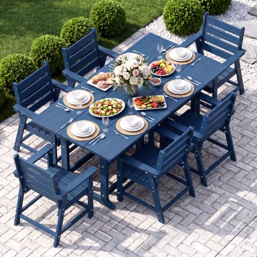 Image of 8 Piece Patio Dining Set, HDPE All-Weather Furniture with 6 Chairs & 2 Square Table, for Backyard, Garden, Navy Blue