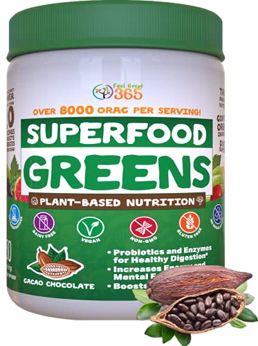 Superfood Greens Powder - Cocoa Chocolate by Feel Great 365, Doctor Formulated, Organic, Whole30 Friendly, and Vegan, 100% Non-GMO with Real Green Vegetables, Polyphenols, and Probiotics Superfood Greens Powder - Cocoa Chocolate by Feel Great 365, Doctor Formulated, Organic, Whole30 Friendly, and Vegan, 100% Non-GMO with Real Green Vegetables, Polyphenols, and Probiotics