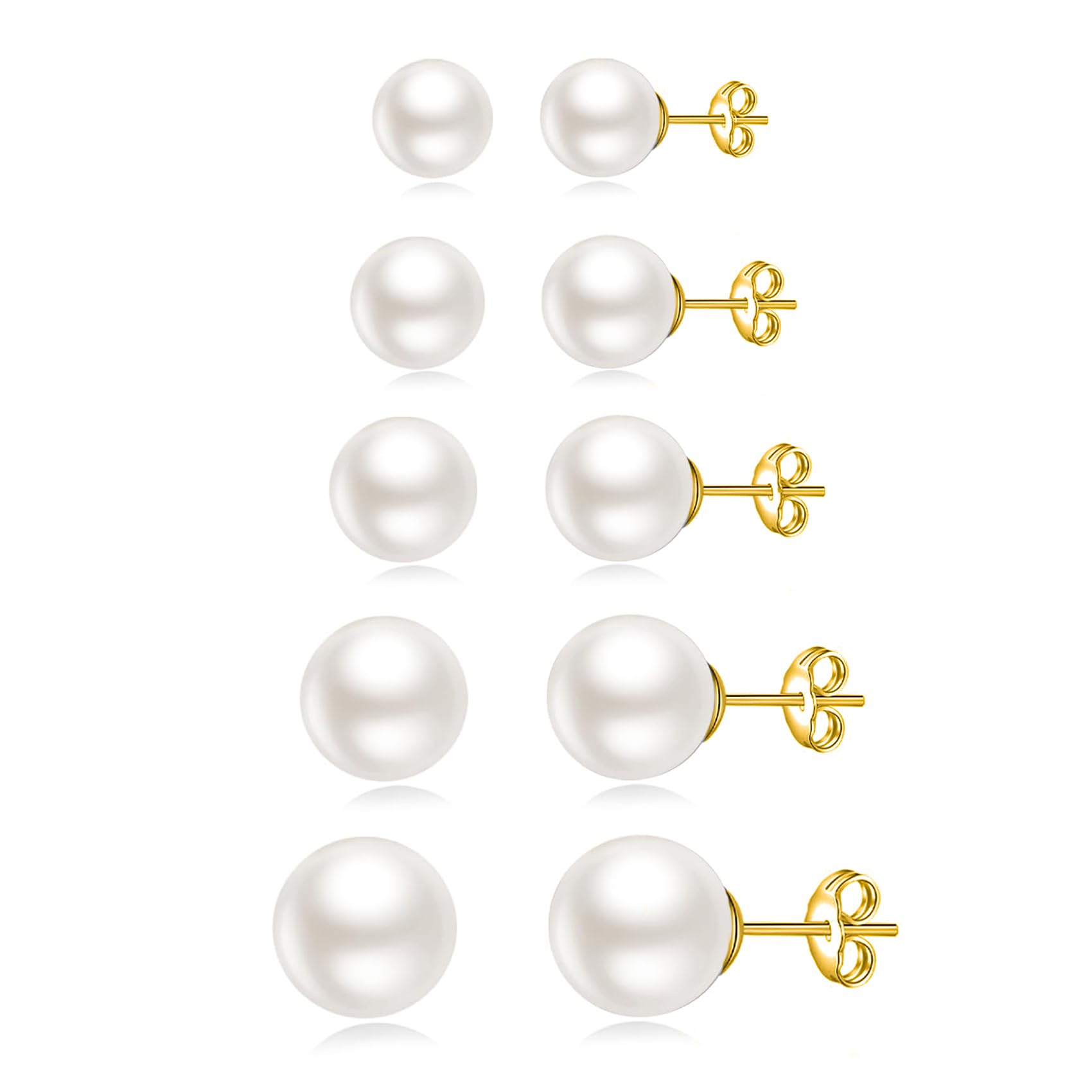 JINERA 5 Pairs Stud Earrings for Women 14K Plated Gold Silver Pearl Ball Small Stud Earrings Set Cartilage