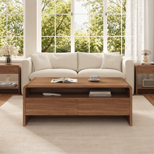 Image of AMERLIFE 39.4 inch Wood Coffee Table with Storage & Rounded Edges