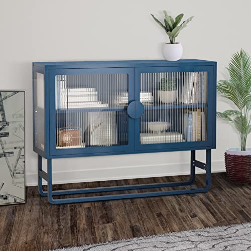 Double Glass Door Storage Cabinet With Adjustable Shelf,U-Shaped Leg Cold-Rolled Steel Sideboard Furniture For Living Room Kitchen (Blue) #TOP24