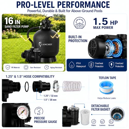 Image of LANCHEZ Sand Filter with Pool Pump, Above Ground Pool Pump, 7-Way Valve Sand Filter Pump System, 16 inch(4,900GPH)