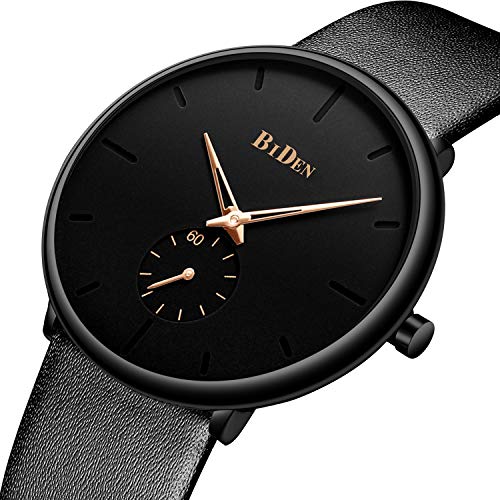 Mens Watch Ultra-Thin Quartz Analog Wrist Watch 30M Waterproof Fashion Minimalist with Leather Band - Black Gold