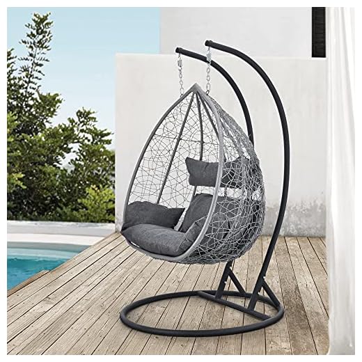 Hängstol med Stativ Plats för 2 Personer Hängande Ägg Gungstol Hammock Utomhusbruk Inomhusbruk Balkong med Dynor Kuddar Konstrotting Stål 128x130x72cm Max.150kg Svart Ljusgrå Mörkgrå