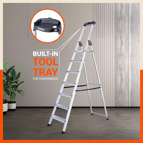 Image of Bathla Elevate 7-Step Foldable Aluminium Ladder for Home with Tool Tray | Anti-Skid | Durable, Heavy Duty, Safe & Stylish | 5-Year Warranty | Black