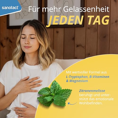 sanotact Glücksgefühl (20 Tabletten) • Natürlicher Stimmungsaufheller hochdosiert • Vitamin Tabletten mit Zitronenmelisse, Vitamin B Komplex, L-Tryptophan & Magnesium • B-Vitamine