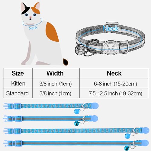 Image of Taglory Reflective Cat Collar Personalized with Name and Number, Cat Collars Breakaway with Bell and ID Tag, 7.5-12.5 inch Sky Blue