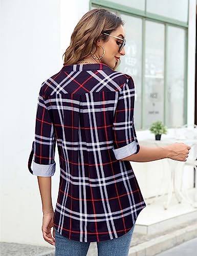Image of Bulotus 3 /4 Length Sleeve Womens Striped Tops Zipper V Neck Collared Blouses Business Casual Tunics 2026 Spring Trendy
