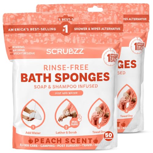 Image of Scrubzz Disposable No Rinse Bathing Wipes - All-in-1 Single Use Shower Wipes, Simply Dampen, Lather, and Dry Without Shampoo or Rinsing (Peach, 2-Pack)