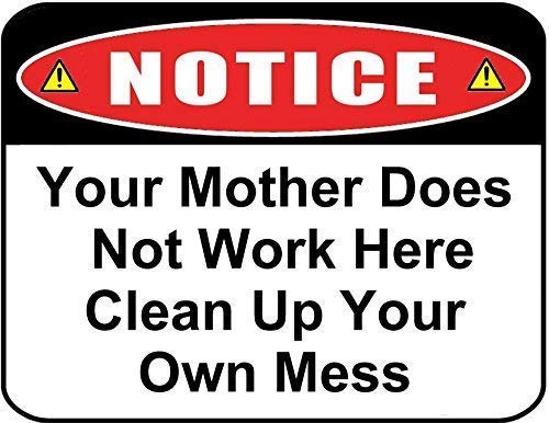 Eletina Letrero metálico de aluminio con texto en inglés "Notice Your Mother Does Not Work Here Clean Up Your Own Mess", para exteriores e interiores, 12 x 8 pulgadas