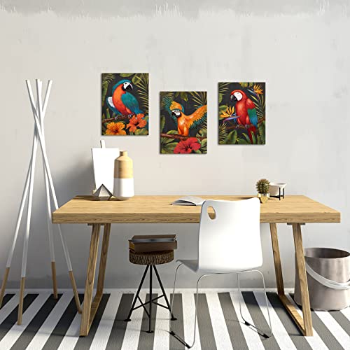 Ryounoart 3 Piece Parrot Wall Art Canvas Colorful Parrot On Branch Painting Pictures Tropical Rain Forest Animal Prints Artwork For Living Room Bedroom Bathroom Decor Framed Ready To Hang thumb #3
