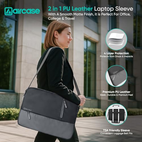 Image of AirCase Laptop Messenger Bag for Men & Women, 13.3 inch | Water Resistant PU Leather, Shockproof Padded, Shoulder Strap, Front Organiser Pocket, Office Crossbody Bag, Business Travel Laptop Sleeve