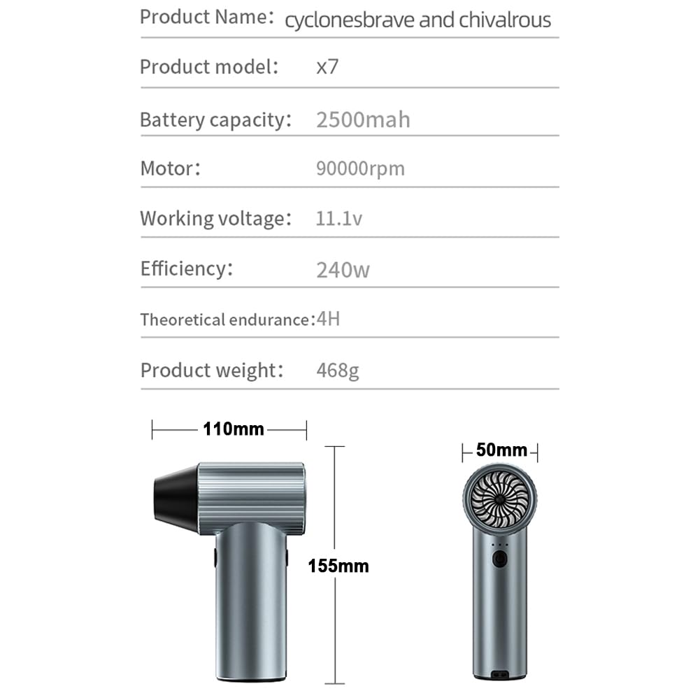 Ventola portatile X7 Jet 90.000RPM 45m/s Velocità del vento 40mm Brushless canalizzato Turbofan Alta Potenza Blower Strumento di pulizia della tastiera 3 velocità Batteria ricaricabile Cordless