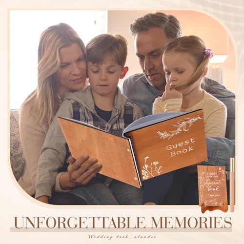 Image of Engrowtic Wooden Wedding Guest Book Set with Pen and Photo Stickers, 88 Lined Pages Keepsake Guest Book for Weddings, Celebrations, Memorial, 9x7 Personalized Guestbook in Hard Cover and Table Sign