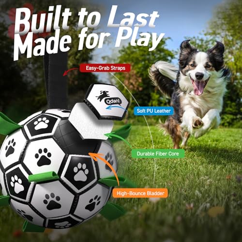 Image of QDAN Large Dog Toys, Soccer Ball for Dogs with Straps, Herding Dog Balls | Interactive Soccer Toys for Tug of War, 8 Inch Dog Ball for Medium Large Puppy, Birthday Toy for 30-90 lbs Dogs, Water Toy