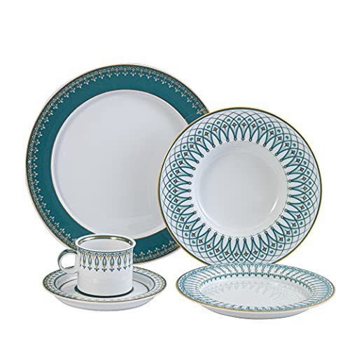 Minh Long I 5 Pieces Assorted Premium Porcelain with Elegant Vintage Trim Dinnerware Set, Round Plates Coffee Tea Cup Saucer Serve Fine Dining Main Course Dinner Home Kitchen Tableware, White & Green