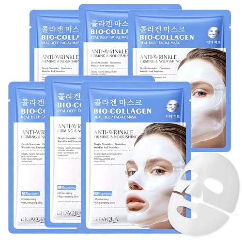 6 Piezas Bio Collagen Real Deep Mask, Máscara de Colágeno Overnight, Mascarilla Facial Hidratante, para Hidratación, Antiarrugas, Limpieza