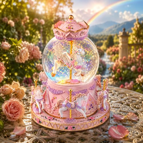 Magical Unicorn Snow Globe with Somewhere Over the Rainbow Music Rotating Carousel Music Box LED Lights & Glitter Snow Perfect Birthday Xmas Valentines Gift for Girls Kids & Unicorn Lovers