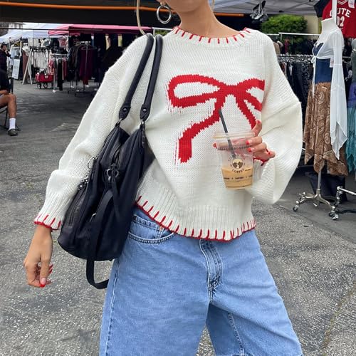 WZTYYDS Women Y2K Bow Knit Fall Winter Sweater Crew Neck Long Sleeve Knitted Pullover Oversized Knitwear4