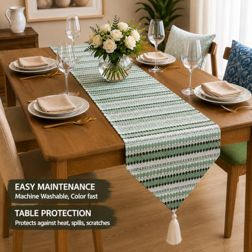 Image of STITCHNEST Woven Table Runner 13x72 Inches | Green Geometric Design | Tassel Finish | Modern Dining Table Decor