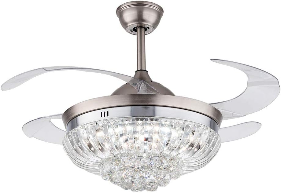 Exclusive Discount 80% Offer 42'' Modern Crystal Ceiling Fan Light Invisible Retractable Fan Blades Lamp Chandelier LED Silver with Remote Control 3 Speeds 3 Colors for Living Room Bedroom (Silver)