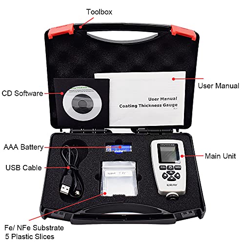 ERAY Schichtdickenmessgerät mit Hintergrundbeleuchtung LCD-Anzeige, Lackschichtenmesser inklusive Koffer, Batterie und Deutscher Anleitung, Messbereich 0 bis 2000um, Lackmessgerät für Auto