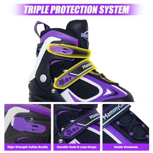 MammyGol Adjustable Inline Skates for Boys Girls Kids Youth with Light up Wheels, Black&Purple Beginner Blades Roller Skates for Boys Size 5 6 7 8 Ages 6-12 - Thumbnail 2