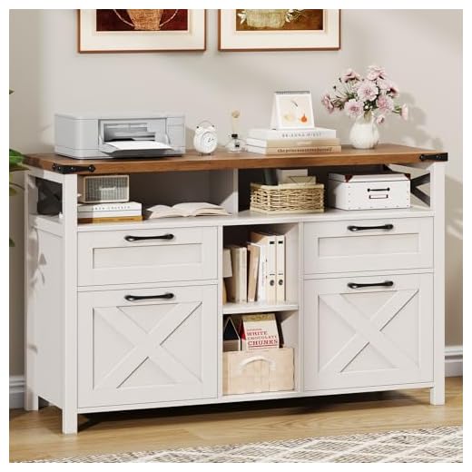 Halitaa Filing Organization Storage Cabinets 4 Drawer with Adjustable Shelf, Lateral Filing Cabinet with Open Storage Shelf for Home Office, Farmhouse File Cabinets for Hanging Files Letter/A4.White