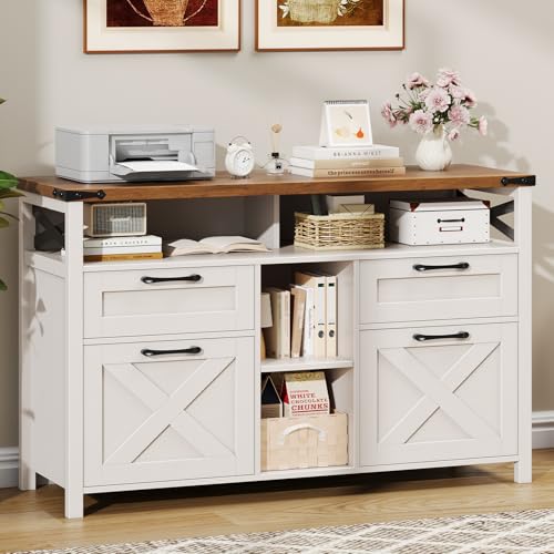 Halitaa Filing Organization Storage Cabinets 4 Drawer with Adjustable Shelf, Lateral Filing Cabinet with Open Storage Shelf for Home Office, Farmhouse File Cabinets for Hanging Files Letter/A4.White