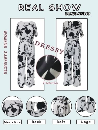 Lemdannu Women One Piece Jumpsuit Chic Loose Fit Oblong Neck Batwing Short Sleeve Tie Waist Wide Leg Rompers (Floral Print S) #TOP4